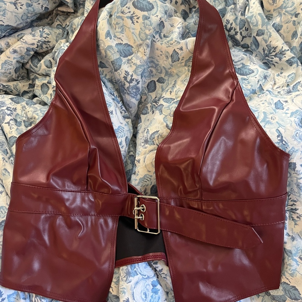 Burgundy Leather Halter Vest Size Small